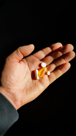 Pills, medicine and healthcare of senior man taking daily capsules and pills. Medication health care medical concept. Close up hand man taking multiple pills take a medicine in handの写真素材