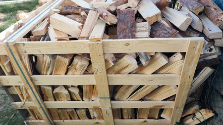 Heap firewood stack, natural wood. Cut firewood top view. Messy pile of firewood on a drive, delivered for the winter stockの写真素材