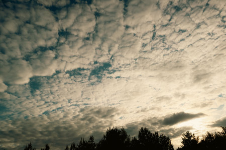 Nature background of sky with blue clouds on sunset. Beautiful cloud above dramatic blue sunset sky. Cloudy backgroundの写真素材