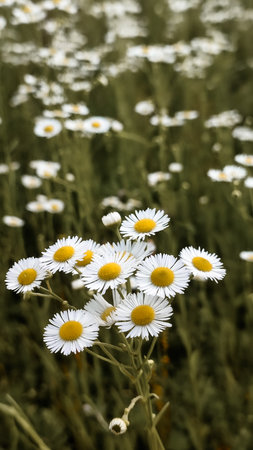 Chamomiles on sunny summer day. White wild flower. Medicinal plant. Collecting pharmacy chamomile for chamomile tea. Daisy flower backgroundの写真素材