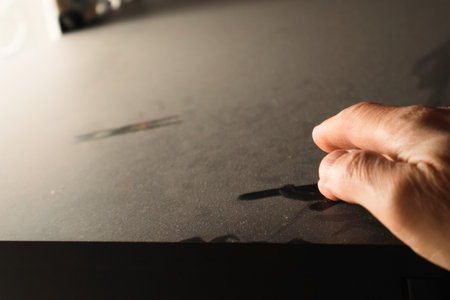 White micro dust on black background. Texture grunge background with tiny white dust. Home cleaning...