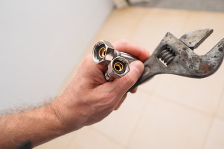 Plumber repairing a toilet, fixing a problem with toilet. Plumber at work in a bathroom, plumbing repair service, assemble and install conceptの写真素材