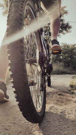 Rear view of a person riding a bike along a countryside dirt path in the evening sunlight. Active...