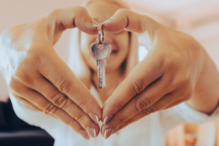 Smiling woman holding a key in her hands shaped like a heart symbol. Concept of new home, real...