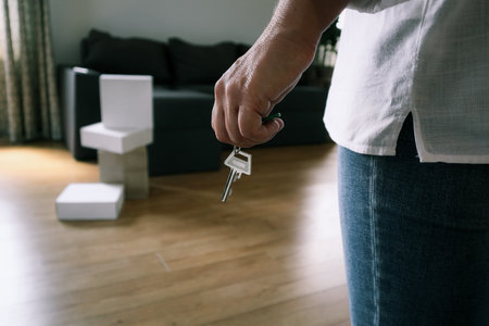 Close-up of a person holding house keys in a modern apartment. Concept of moving in, buying or renting a new home, real estate ownership, or relocation.の写真素材
