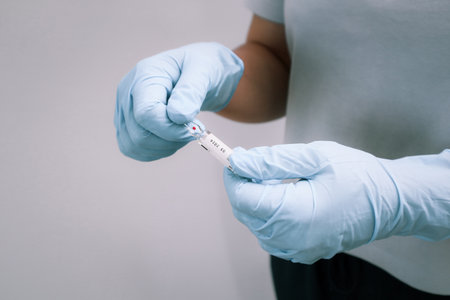 Close-up shot of a medical professional's hands in blue gloves, drawing medication from a glass ampoule into a syringe with a needle. Concept of vaccination, treatment, and healthcare preparation.の写真素材