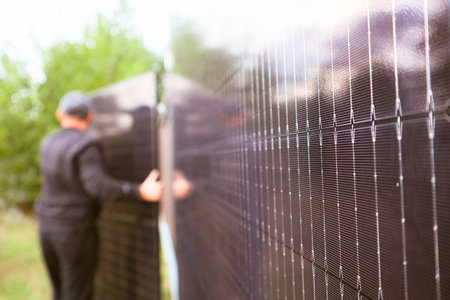 A worker in dark clothes installs large solar panels outdoors. The camera focuses on the texture of the PV module in the foreground, with the person blurred in the background. Green energy concept.の写真素材