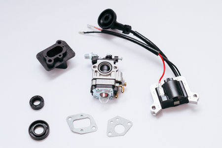 Top-down view of a small engine repair kit, including a carburetor, ignition coil, gaskets, and...