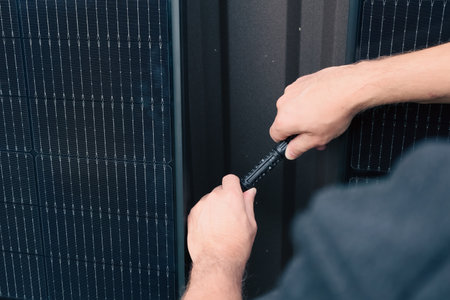 A close-up of a man's hand gripping the black frame of a photovoltaic solar panel. In the...