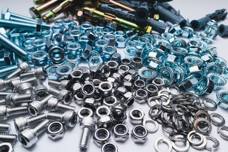 A wide collection of zinc-plated and galvanized steel hardware: hex bolts, flange nuts, socket...