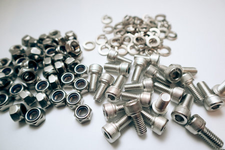 Top-down view of various zinc-plated steel fasteners: hex head bolts, nuts, and socket screws in...