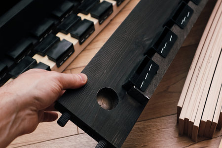 A hand holding a dark stained wooden furniture part during assembly. Close-up of black plastic...