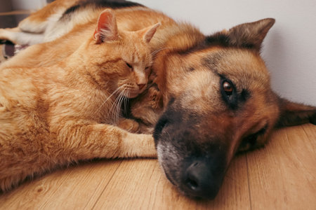A German Shepherd, a Beagle mix, and a red tabby cat resting peacefully together on a wooden floor....