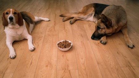 A wide shot of two dogs resting patiently on a light laminate floor. A white bowl with kibble sits between them in a cozy home environment.