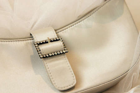 Diamond buckled beige feminine carry bagの写真素材