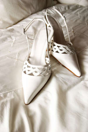 ladies pointed high heeled detailed white leather shoesの写真素材