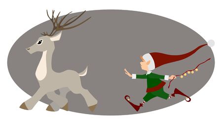 Runing deer and cute Christmas elf for decorationのイラスト素材