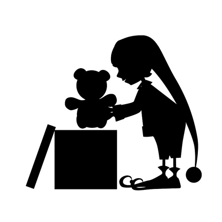 Christamas cute elf silhouette with gift (bear)のイラスト素材