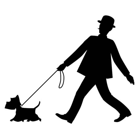 Black white  silhouettes gentleman and his dog are walkingのイラスト素材