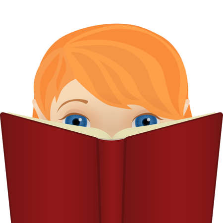 Cute little ginger girl reading a big red bookのイラスト素材