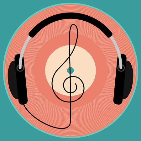 Black headphones, vintage vinyl disc and clef. Retro vector illustration.のイラスト素材