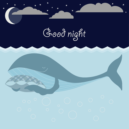 Ocean sleeping whales, moon, stars. Good night card.のイラスト素材