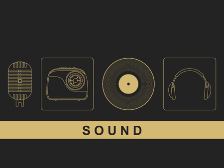 Microphone, radio, vintage vinyl disc, headphones.のイラスト素材