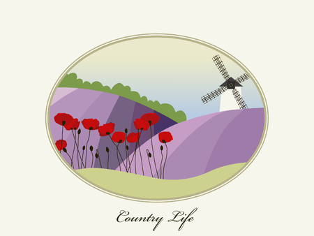 Blossoming lavender field with wind mill and beautiful blue sky. Landscape in Provence, France.のイラスト素材