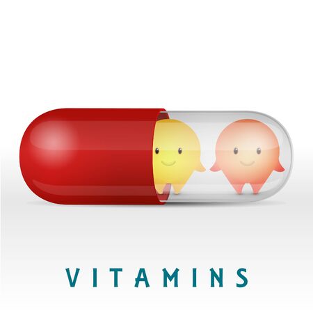 Cartoon characters. Vitamin pills and medicine capsule.のイラスト素材