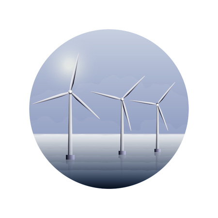 Electric wind turbines farm on sea water. Alternative energy.のイラスト素材