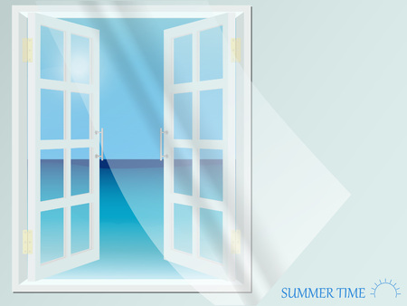 Open window with light curtain. View of sea. Summer.のイラスト素材
