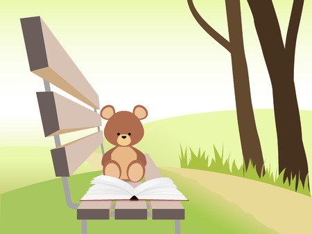 Open book and bear toy on bench at sunset park. Nature background.の写真素材