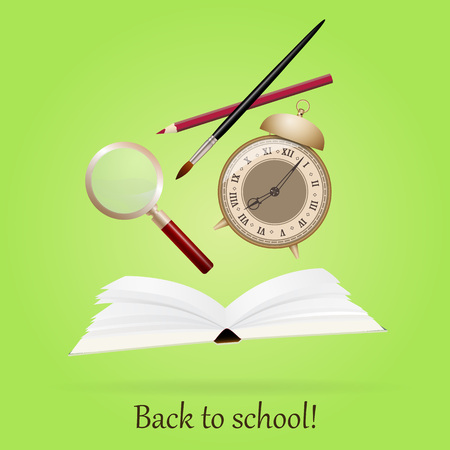 Back to school. Image with book, alarm, pen, art brush, magnifier.の写真素材