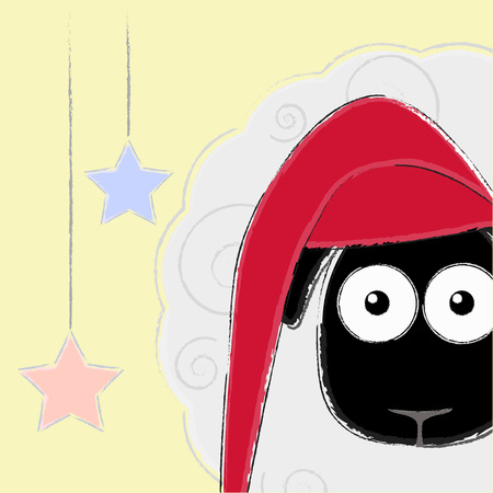Funny cute cartoon sheep in a Santa cap. Good night and sweet dreams vector illustration conceptのイラスト素材