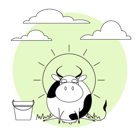 Cute cow with milk bucket. Grass, sun and clouds.の写真素材