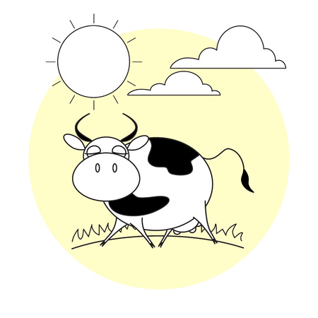Cute running cow. Grass, sun and clouds.の写真素材