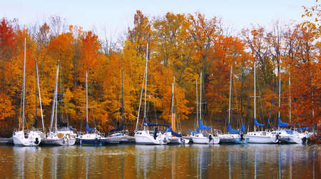 Rich autumn colors explode at the end of the sailing season.の写真素材