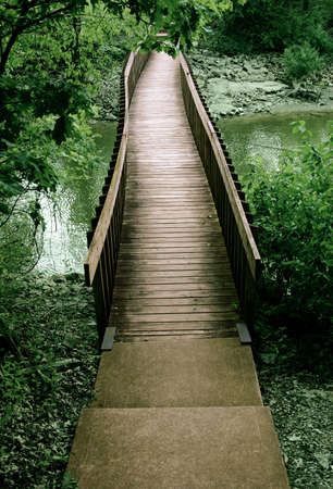 Brown wooden bridge through green scenery.の写真素材