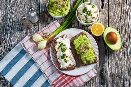 Healthy breakfast with guacamole and cottage cheese.の写真素材