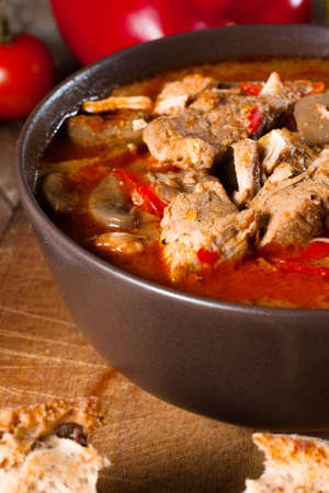 Goulash soup with paprika and cucumber in a bowl.の写真素材