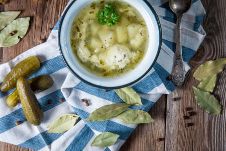 Soup with pickled cucumbers with sour cream.の写真素材