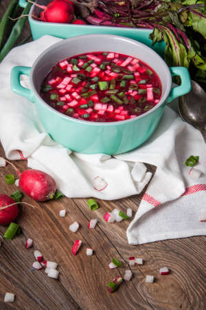 Beetroot soup with chives and radishes on the boards.の写真素材