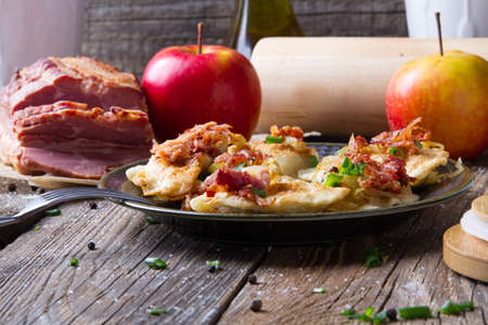 Polish fried dumplings with meat, onion and bacon.の写真素材