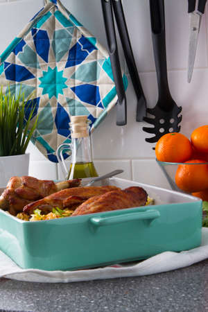 Baked spicy wings of turkey with cheese noodles.の写真素材
