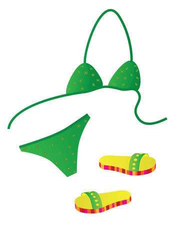Green bikini and beach slippers. Vector illustrationのイラスト素材