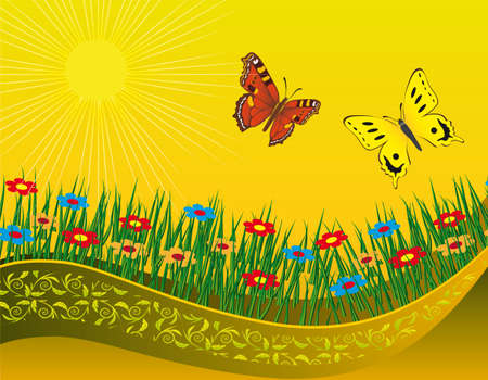 Two butterflies on a blooming meadow.  illustrationのイラスト素材
