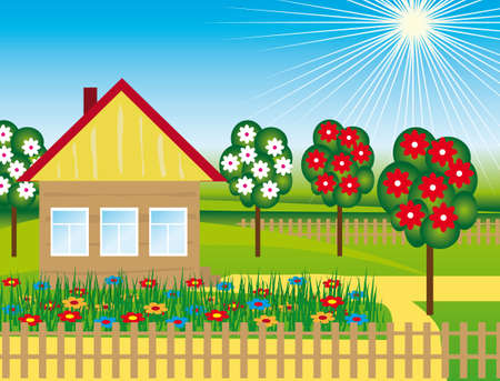 Flowers and trees near the house.  illustrationのイラスト素材