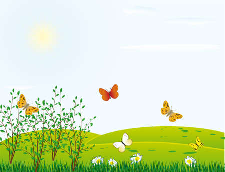 Butterfly on a green meadow. illustrationのイラスト素材