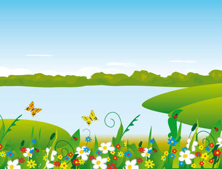 Flowers on the river bank illustrationのイラスト素材