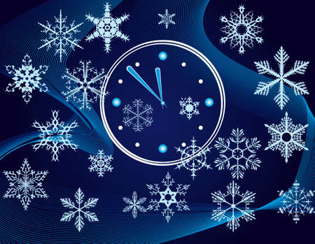 Christmas background with a clock and snowflakes のイラスト素材
